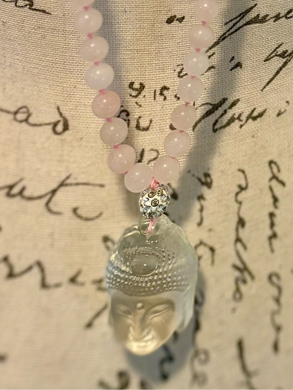 Vintage Rose Quartz Buddha Necklace Rock Crystal Pendant Hand Knotted 40” - Picture 13 of 15